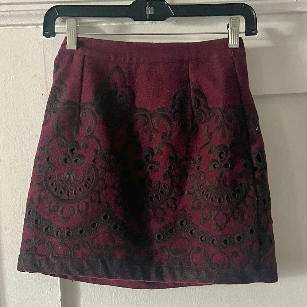 Topshop Burgundy and Black Embroidered Mini Skirt